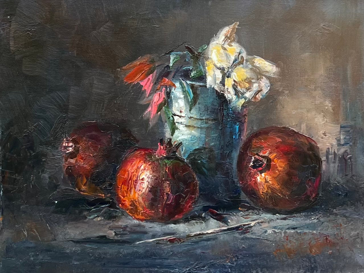 Three Pomegranates and a White Rose | 18”x14”