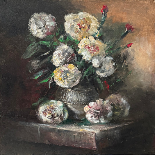 White Peonies in a Silver Vase | 20”x20”